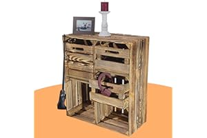 VINTAGE MÖBEL 24 GMBH Großes Vintage Holzregal mit fünf Fächern, Holzkiste neu, 68x35x77cm (Geflammt mit Schubladen)