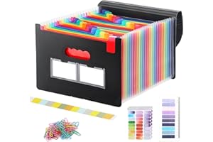 CHILLSILA Expanding File Organisers, Document Organiser with 24 Pockets, Portable Accordion Folder File, A4 Filing Folders Plastic Wallets Storage Box with Lid, Labels and Clips (Black-D)