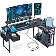 DOMICON L Shaped Gaming Desk, 55 Inch Computer Desk with Adjustable Stand & RGB Lights, Corner Desk for Power Outlet, Carbon Fiber Texture, Gaming Room