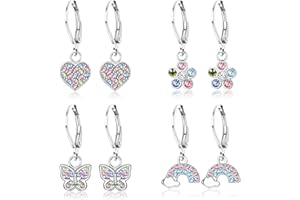JeweBella 4Paar Ohrringe Hängend Mädchen Kinder Damen mit Zirkonia Ohrhänger Chirurgenstahl Hypoallergene Ohrringe Mädchen mit Herz Blume Stern Schildkröte Knorpel Tragus Piercing Ohrringe Set