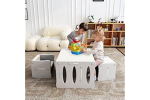 ‎BANASUPER BanaSuper Tisch und Stuhlset für Kinder Kinderschreibtisch aus Kunststoff mit 2 Hockern Multifunktions Möbelset für Kleinkinder Zuhause Schule Kindergarten (Weiß Grau)