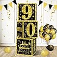 Eiurteao 3pcs 90th Birthday Decorations Boxes for Men Women, Black Gold Happy 90 Birthday Balloons Boxes Party Supplies, 90 Year Old Bday Theme Cardboard Box