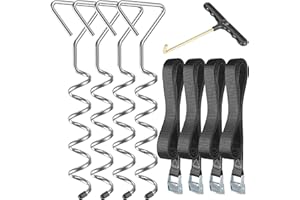 Graxury 4Stück Schwerlast-Trampolin-Anker-Set - Korkenzieherförmige, rostfreie verzinkte Stahlverankerungen für Trampoline, Schaukeln, Gartenschuppen mit 4 robusten Gurten und Federzugwerkzeug