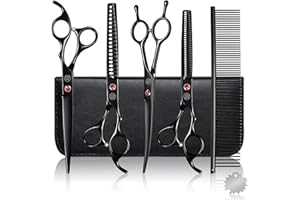 Moontay Juego de tijeras profesionales de aseo para perros, tijeras de aseo para mascotas de 7 pulgadas, 8 en 1, rectas, curvas, adelgazantes, tijeras de espina de pescado con peine, ajustador de