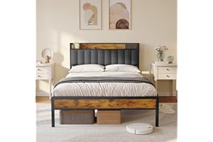 Bealife Łóżko tapicerowane, drewniane z metalową ramą łóżka, wyściełany podest, podwójne łóżko z drewnianym stelażem, zagłówek, rama łóżka (ciemnoszare, 140 x 200 cm)