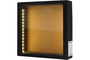 hvfun 10"X10" Rustic Black Wood Shadow Box with Lights,LED-lit Display case for Wine Corks, Tickets, and Creative Exhibits,Artistic Presentations