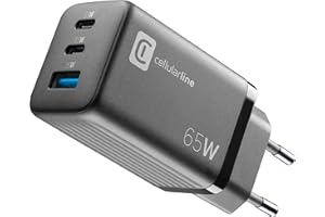 Cellularline | Caricabatterie da Rete Multipower Micro | Super Fast Charger 65W con 3 Porte USB-C - Dotato di Tecnologia Gan - Compatibile con Smartphone, iPhone, Tablet, iPad, Laptop e MacBook