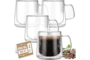 VOLARIUM CRYSTALIA - Set di 4 tazze da caffè a doppia parete, 350 ml, in vetro, grandi tazze isolanti, tazze da cappuccino con manico, bicchieri da tè e caffè, tazze in vetro borosilicato