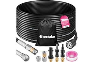 tectake® Set de Tuyau fléxible 30m pour nettoyeurs haute-pression Déboucheur canalisation Déboucheur Evier WC Douche avec 2 buses & 3 adaptateurs, Accessoires nettoyeurs haute pression