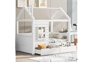 ‎JOVIFY Kinderbett 80x160 cm Holzbett mit 2 Schubladen und Fenster, Massivholz Kinder Bett mit Rausfallschutz und Lattenrost, Hausbett für Jungen & Mädchen, Kinder Haus Bett Jugendbett, ohne Matratze, Weiß