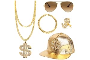 JurciCat 80s 90s outfit för män hallick kostym tillbehör, karneval förklädnad Shadow trollkarl pengar gäng kostym tillbehör, Hip Hop keps guld Dollar kedja Ring Armband Solglasögon 5 bitars set