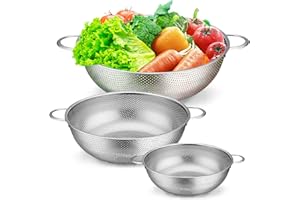 Joyfair - Colino da cucina in acciaio inox, set da 3 pezzi, scolapasta microforato con manici, colino in metallo per scolapiatti e risciacquo di pasta, verdure/frutta, riso, lavabile in lavastoviglie