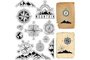 CRASPIRE Bussola Timbri Trasparenti Montagne Terra Riutilizzabili Retro Trasparente Sigilli in Silicone per Timbri Fai da Te Scrapbooking Forniture per Diario Creazione di Carte Album Decorazione
