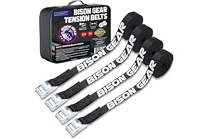 Bison Gear Premium Tie Downs - Car Roof Rack Cam Buckle Straps for Surfboard Kayak or Cargo Lashing, 16ft 5m Long, 1in 25mm Wide, Heavy Duty (4 Pack, Black)