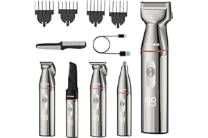 BarberBoss Kit de recortadora de barba inalámbrica para hombre, afeitadora 5 en 1 con cortadora de pelo, recortadora de nariz, recarga USB-C y cuchillas de acero inoxidable, peluquero corporal