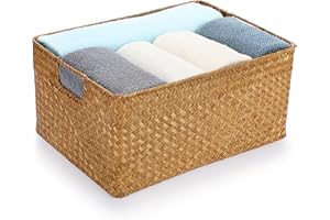 IGNPION Seagrass Storage Opened Basket Living Room Decorative Baskets Woven Wicker Towel Basket Rectangular Bathroom Storage Organiser Box, Shelves & Desks Multipurpose Storage Hamper (Caramels,Large)