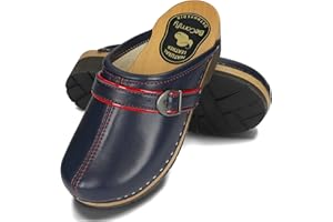 BeComfy Sabots en Cuir pour Femmes avec Semelle en Bois Noir Bleu 35-41 EU