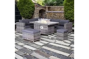 Club Rattan Modern Range Modular Corner Sofa Set With Fire Pit Table in Grey weave 9 Seater Outdoor Furniture