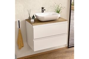 BELLOBATH - Mueble Baño Suspendido con Lavabo de Cerámica, Mueble Baño con Lavabo Montado con 2 Cajones, 80 x 55 x 46 cm, Mueble Blanco y Tapa Roble