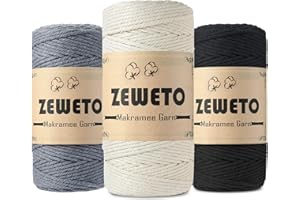 ZEWETO Makramee Garn, 3 stuck 3mm x 100m Baumwollkordel 100% Baumwolle Baumwollschnur für DIY Handwerk Basteln Boho Wandbehang, Blumenampel, Deko, Vorhang, Türvorhang, Vorhang tür, Gardinen,Traumfänger
