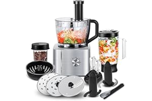 SNDOAS Robot da Cucina Multifunzione, 1100 W Frullatore Tritatutto Multifunzione, Ciotola 3,2 L, Frullatore da 1,5 L, Macinacaffè, Frusta, Argento