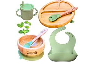 Set prima pappa svezzamento per bambini in bambù ecologico e silicone senza BPA - Piatto a ventosa, ciotola, forchetta, cucchiaio, bavaglino e tazza con cannuccia in silicone. Verde - Claudi Home.