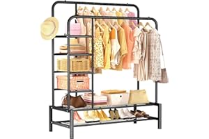 ZHZIRO Metal Clothes Rail Double Pole Clothes Rack Multifunctional Garment Rack with Storage Shelves Suitable for Home Bedroom for Coats, Bags, Shoes, Boots(Black)