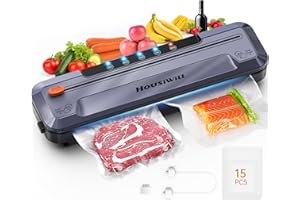 Housiwill Vacuum Sealer, 5-in-1 Vacuum Sealer with Built-in Cutter, Foil Sealing Devices for Food for Dry/Moist Food Preservation Mode, with 15 Vacuum Bags and 1 Hose Vacuum Sealer