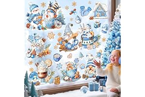 decalmile Autocollants Fenêtre Noël Gnomes Bleu Anti-Collision Stickers Biscuits de Noël Bonhomme de Neige Stickers Vitre Anti-Adhésifs Fenêtre Réutilisable Electrostatique Cuisine Fête Décoration
