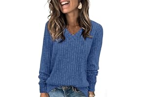 Fisoew Damen Pullover V-Ausschnitt Leicht Langarmshirt Elegant Gerippt Strickpullover Basic Sweatshirt Loose Oberteil mit Knopf