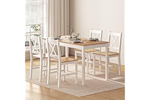 sogesfurniture Juego de comedor de 5 piezas, con mesa de comedor, 108 x 65 x 73 cm, y 4 sillas, rectangular, para salón, comedor, color blanco y teca (10QDLC)