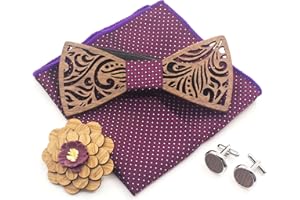 Cyriacus Juego de pajarita de madera, incluye papillón y gemelos, pañuelo cuadrado (3 unidades), diseño único calado, adecuado para usar en múltiples escenas