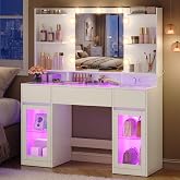 VASAGLE Vanity with Mirror, RGB Lights, Plugs, Side Cabinets | Makeup Table, Side Cabinets, Modern, Cloud White, Kailyn Colle