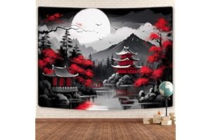 GOAOK Tapiz de naturaleza de bosque de montaña para dormitorio, paisaje de luna en blanco y negro, para colgar en la pared, árbol atardecer oscuro, grande, asiático, japonés, decoración artística de anime