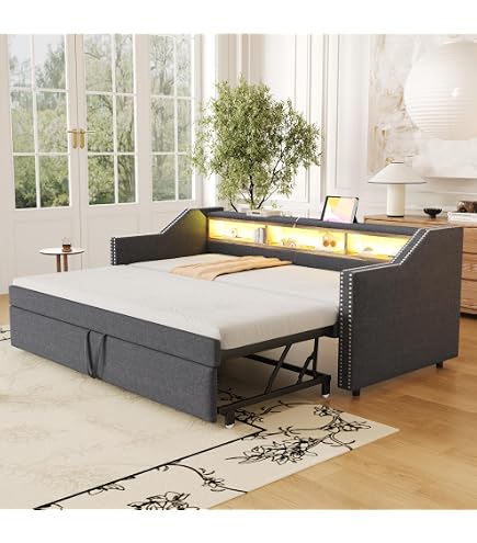 Tagesbett, Daybett, Schlafsofa, 90 × 200 Cm, USB- + Typ-C-Anschlüsse