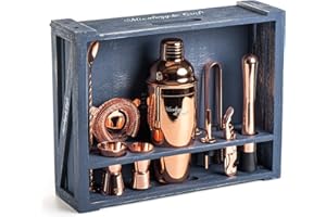 MIXOLOGY & CRAFT Mixology Barman Kit de 11 outils de bar avec support en bois rustique | Kit de barman parfait et ensemble shaker à cocktail pour une véritable expérience de mélange de boissons | Idée cadeau amusante