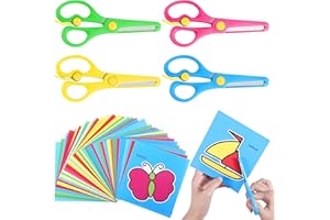 YAFE 4 Pcs Kids Scissors with 93 Colorful Animal Paper-Cuts, Childrens Safety Stainless Steel Scissors Safety Edge Plus Stretch Design Right/Left Handed