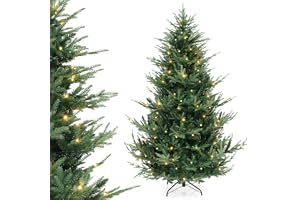 COSTWAY 210 cm konstgjord julgran med belysning, gran med 340 varmvita LED-lampor och 8 ljuslägen, julgran med gångjärnsstruktur, konstträd, jul för hem