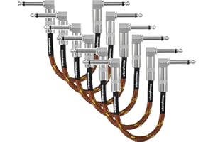 Urbanphonics Guitar Patch Cable | 6.35mm Jack Pro Grade Noiseless | 23 cms Pedalboard Cord Lead | Right Angle Male to Male | for Guitar, Bass and Effects Pedals | 6 Pack Copper Colour Braided Tweed