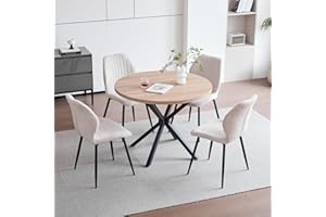 GrandCA HOME Esstisch und Stuhlset, 100 cm Runder Esstisch und 4 Moderne Leinenstühle, für Esszimmer, Küche, Wohnzimmer, Helle + Khaki