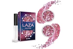 Laza Body Glitter, 2 Jars Iridescent Chunky Sequins with Glitter Glue Perfect for Women Eyeshadow Makeup Face Paint Festival Rave Outfits Hair Accessories Carnival Party Costumes - Pink