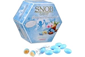 CAFFETTI Confetti Crispo Snob Celeste Battesimo e Comunione Lieto Evento, Gusti Assortiti, con Mandorla al Cioccolato Bianco, Made in Italy per Bomboniera Confettata Maschio, Imbustati Singolarmente - 500 gr