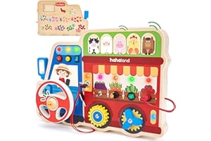 hahaland Baby Montessori Spielzeug Busy Board, Holz Activity Board mit 9 Schalter 11 LED, Tiere, Obst, Musik, Lenkrad, Motorikspielzeug Sensorik Lernspielzeug, Geschenk Jungen Mädch