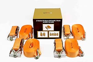 Diversity Wrap 4 Pack Heavy Duty 4m x 50mm Ratchet Straps with Hooks- Tie Down Straps with Durable Double J Hook- Weather Resistant Polyester Straps- Hook for Household, Goods & Snowmobile (Orange)