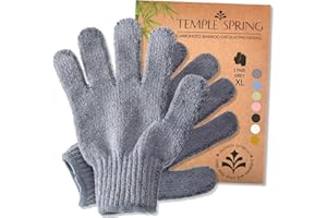 Temple Spring Exfoliating Gloves - Bamboo Bath/Shower Gloves, Bath Gloves for Shower Exfoliating and Ingrown Hair/Dead Skin Remover - Exfoliator Mitt Scrub Gloves - Grey XL