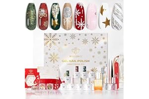 Modelones Christmas Gel Nail Polish Kit Advent Calendar 12 Days, Red Burgundy Green Cat Eye Gold Silver White Xmas Sticker Chrome Powder, 8 Colors Gel Nail Kit with UV Lamp Limited Manicure Gift