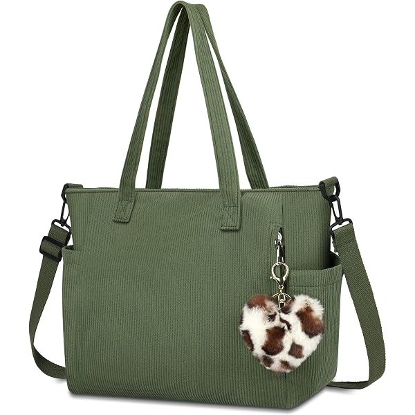KALIDI Borsa Tote In Velluto A Coste Donna - Multitasche Con Cerniera - 32x26,9x11,9 Cm - Tracolla Regolabile - Per Lavoro, Scuola, Viaggi - 3