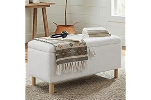 COLAMY Large Ottoman Storage Box for 80L, Wooden Ottoman Storage Bench with Anti-Slip Pads and Lift-Up Lid, Foot Stool for Living Room, Bedroom, Entryway, Boucle Fabric Footstool with Storage, White