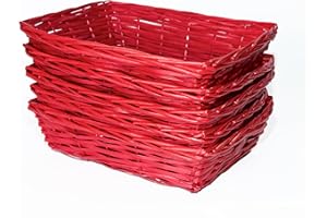 GREEN LEAVES 5 X Natural Wicker Hamper Basket Wicker Trays Gift Basket Retail Display Tray Christmas Hampers (Red, Small)