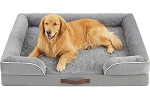 Codi Extra Large Memory Foam Layer Dog Bed, Washable Orthopedic Dogs Beds Couch with Removable Zipper Cover, Waterproof Pet Sofa with U-Shape Bolster, Grey, 106x81x(8.9+8.9) cm